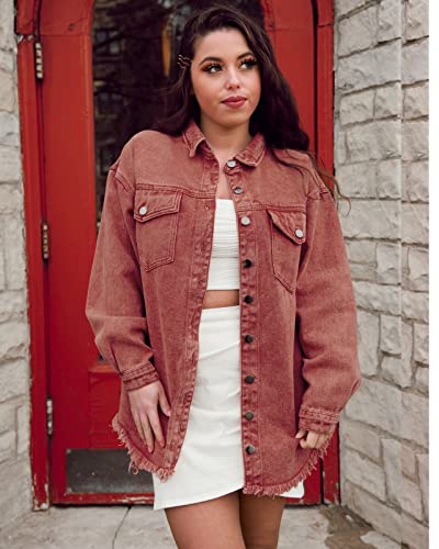 Vetinee Women's Red Jacket Women Oversized Boyfriend Burnt Ochre Front Button Up Frayed Raw Hem Long Sleeve Pockets Denim Jean Jacket Shacket Large Size 12 Size 14 #TOP3