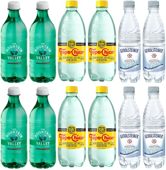 BLUE RIBBONMineral Variety, Pack of 12, 4 Mountain Valley Spring (16.9 Oz 500 ML) Plastic + 4 Topo Chico Mineral Drinking Water (20 Oz) Plastic + 4 Gerolsteiner (500 ML) Plastic