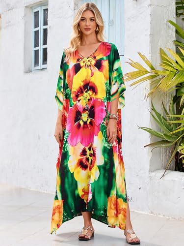 Image of Moss Rose Kaftan Dresses for Women V Neck Summer Swimsuit Cover up Caftan Maxi Beach Dresses