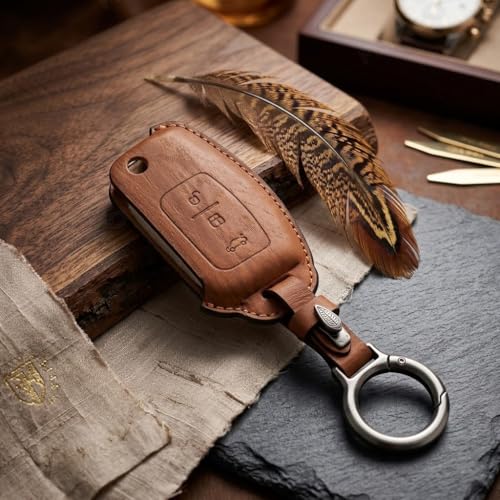 Image of Wooden PU Leather Key Cover Compatible with Ford Fiesta Figo Old Ecosport Flip Key 3 Button Smart Key Stylish Wooden Texture & Durable Premium PU Leather Protection