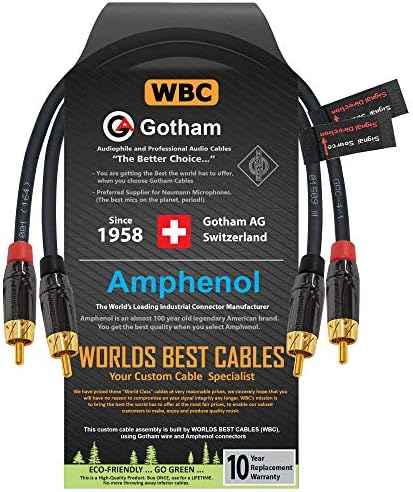 0.5 Foot RCA Cable Pair - Gotham GAC-4/1 (Black) Star-Quad Audio Interconnect Cable with Amphenol ACPL Black Chrome Body, Gold Plated RCA Connectors - Directional