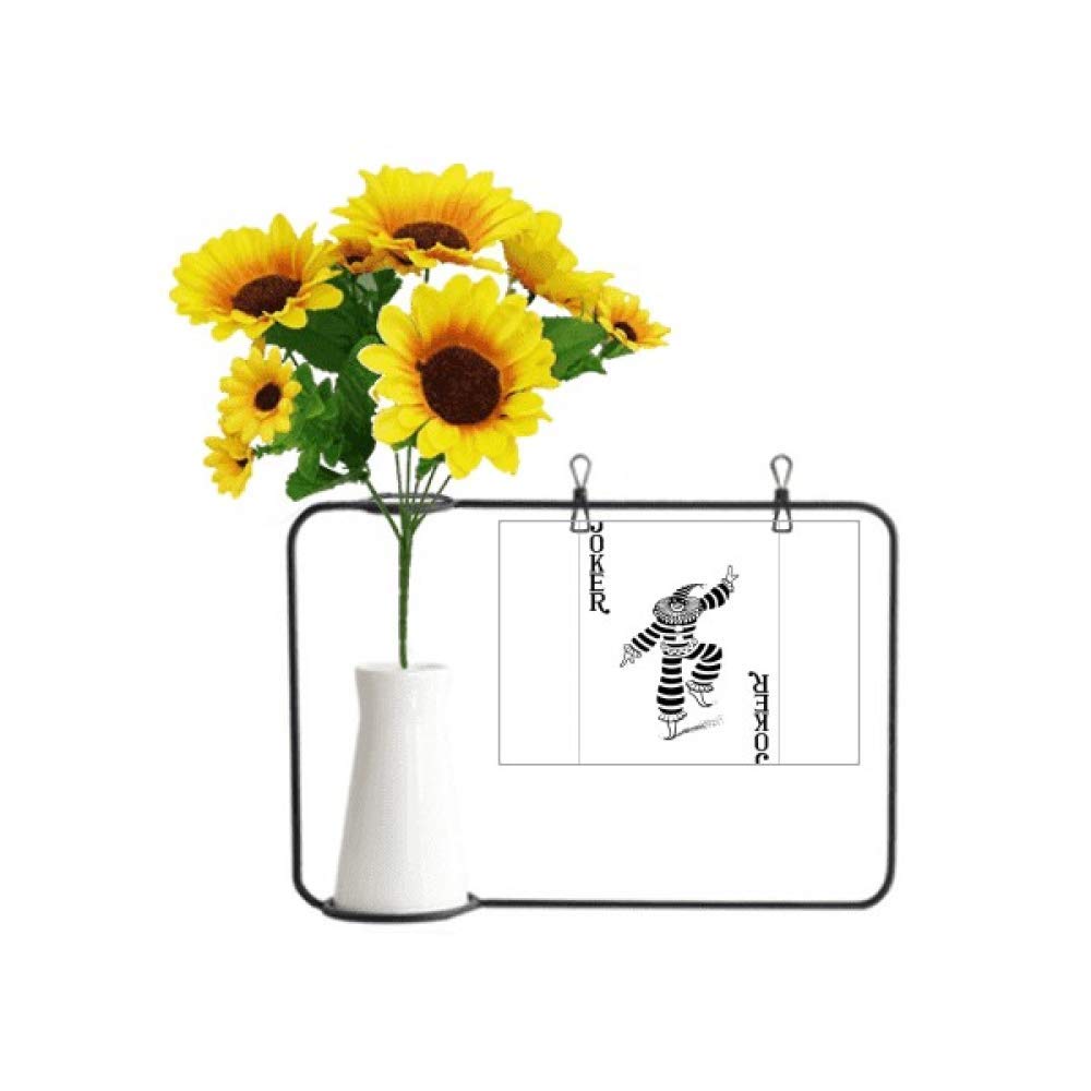 Tournesol artificiel avec vase bouteille, cartes à jouer motif Joker et carte de bénédiction