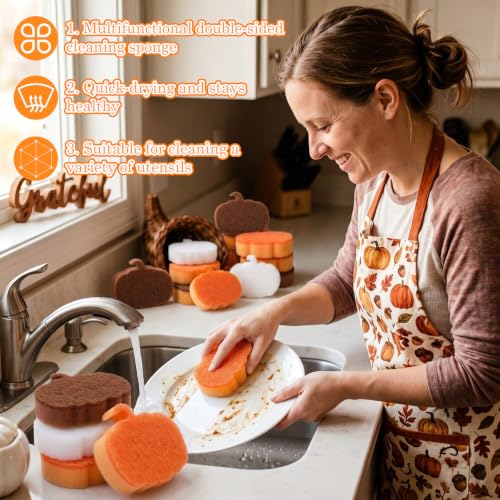 Image of Tioncy 12 Pack Pumpkin Kitchen Sponges Bulk Dual Sided Scrubber Brown Orange White Pumpkin Sponges Reuseble Non Scratch Dishwashing Kitchen Cleaning Accessories for Pot Boiler Pan Household