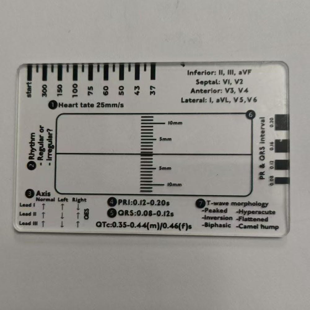 Righello ECG a 7 fasi con carte identificative trasparenti - Strumento di interpretazione per battito cardiaco, ritmo, asse, PR, QRS, elevazione/depressione ST, onda T (2 pezzi)