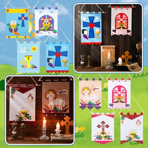 8 Sets First Communion Banner Kit for Boys Girls 9 x 12 Inch First Holy Communion Banner Kits Felt Gifts Fun Church and Sunday School Crafts for Kids DIY Craft Supplies Decor - Thumbnail 5