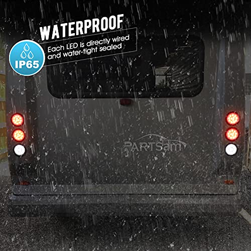 Partsam 6Pcs 4 Inch Round Led Trailer Tail Lights Kit - Round Led Stop Turn Tail Back-Up Reverse Fog Lights 12 Led Include Lights Grommet 3-Prong Wire Pigtails For Truck Trailer Rv(4 Red + 2 White) #TOP5