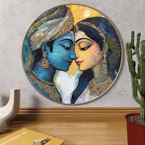 Image of Livin'luxe Radha Krishna Round Art Print with Golden Frame | Abstract Artistic Divine HD Art Print for Living Room Pooja Room Home Decor (23x23 Inch) Art-GR-207