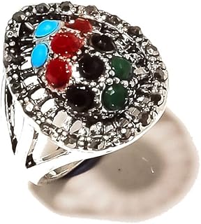 Black Onyx Blue Chalcedony Red Dyed Ruby Simulated Handmade Marka Style Statement Gems RING Size 7.5 US for girls women Oxidized 925 Sterling Silver Plated jewelry from VACHEE