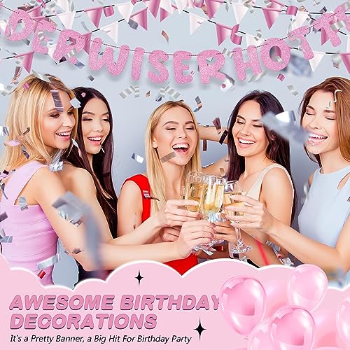 Image of Fulmoon Set of 3 Pre Strung Older Wiser Hotter Glitter Banner Funny Birthday Banner for Women 30th 40th 50th 60th 70th 80th Birthday Party Decorations Sign Gift(Pink)