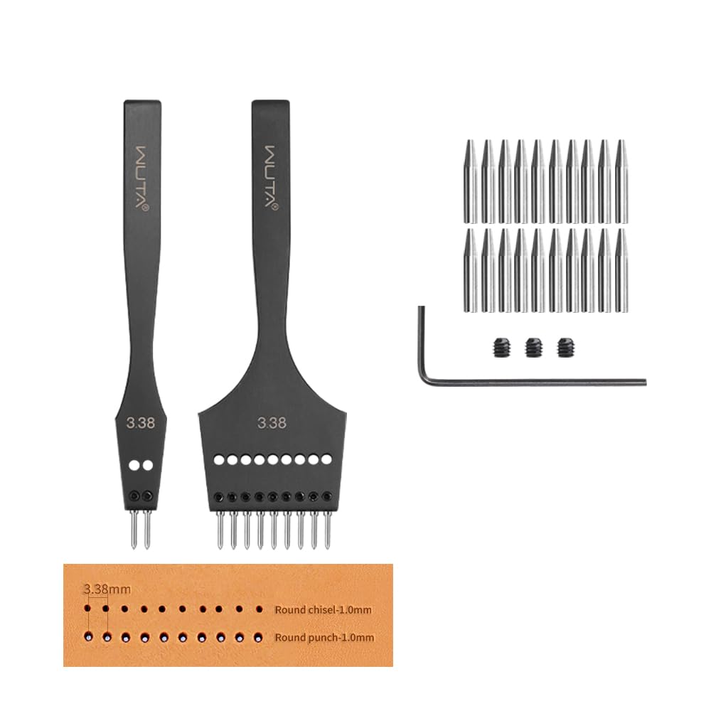 WUTA 2nd Generation Leather Craft Tool Kit, Replaceable Sharp Pricking Iron Chisel and Removable Round Hole Punch for Stitching, Lacing, Belts, Bags & DIY Leatherworking(3.38mm-2+9 hole)