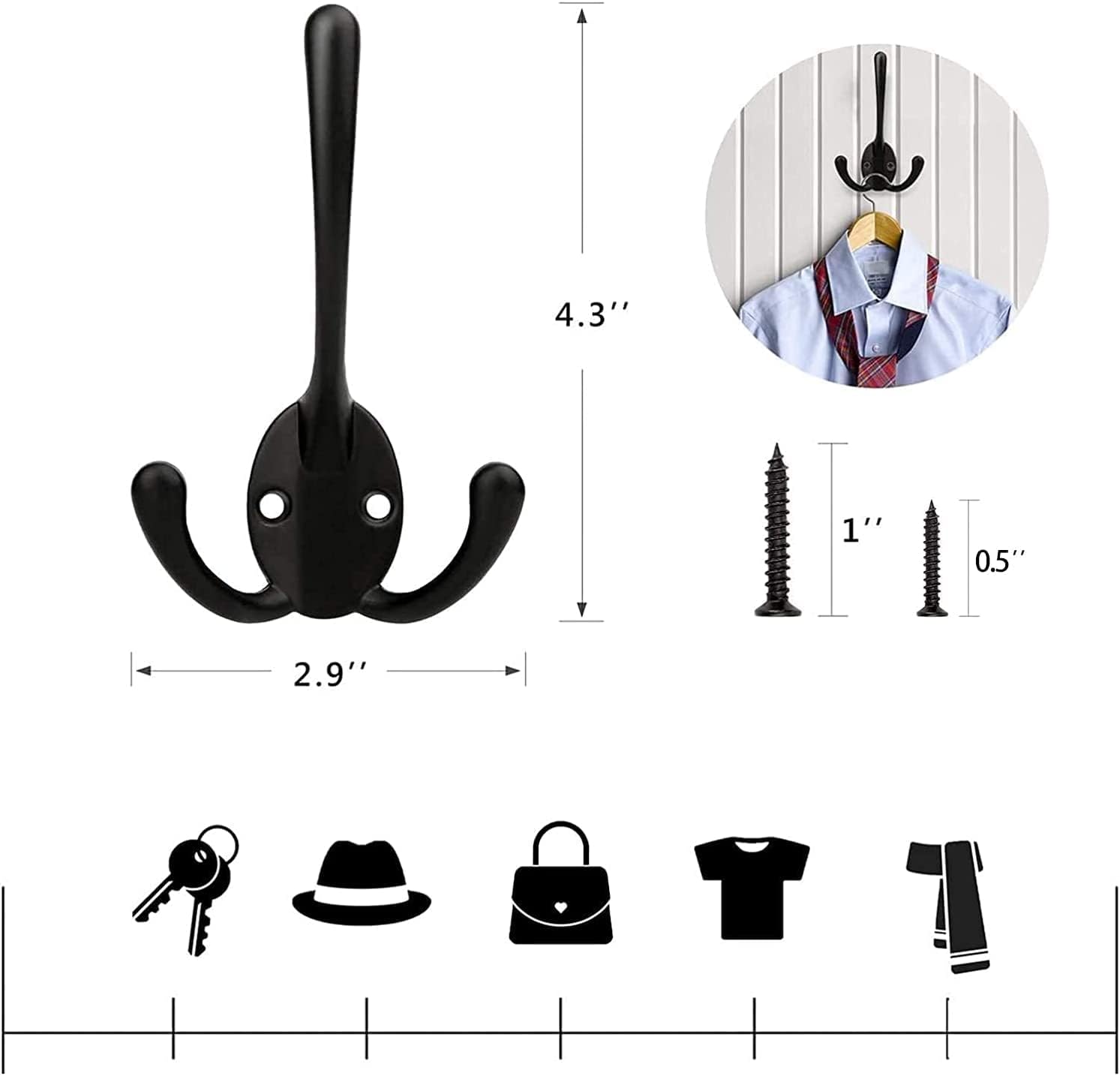 BIGLUFU Coat Hooks Wall Mounted 5 Pack Heavy Duty Wall Hooks Three Prongs with 10 Screws, Prefect for Hanging Entryway Coat, Scarf, Bag, Keys, Hat, Scarf and Jacket Tow-Hole(Black)