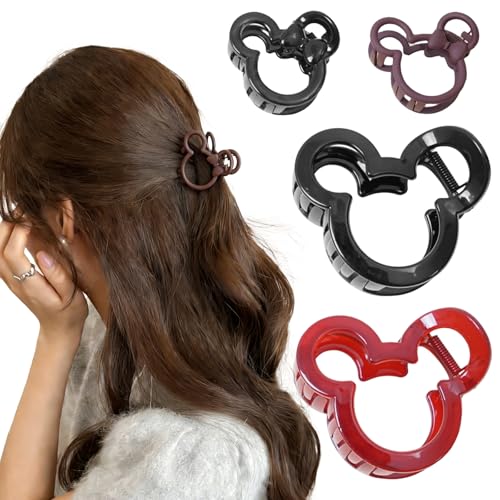 4PCS Mouse Lady Thick Hair Barrette Black Red Vintage Acrylic Hair Claw Jaw Clips Hollow Non-slip Hair Clips for Mouse Ears Theme Party Hair Accessories for Women Girls Adult Kids