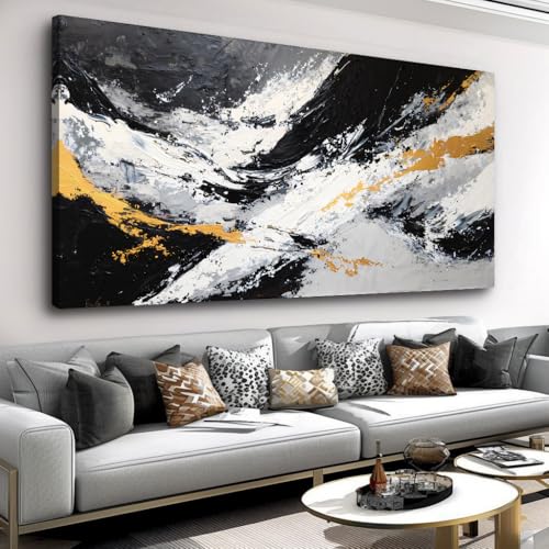 Large Abstract Black and Gold Ink Splatter Wall Art Stylish