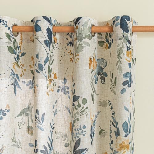 Image of MYSKY HOME Floral Linen Curtains 63 inch Length 2 Panels Set Patterned Semi Sheer Light Filtering Privacy Farmhouse Grommet Drapes for Bedroom Small Window, Yellow and Blue, 52 inch Wide Each Panel