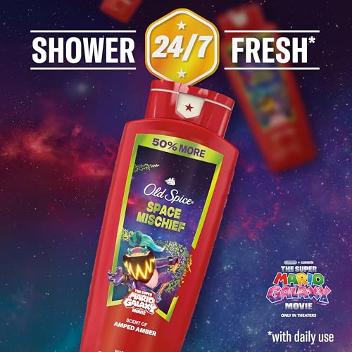 Image of Old Spice Body Wash for Men, x The Super Mario Galaxy Movie, 3X Defense, 24 /7 Shower Fresh with Long Lasting Scent, Smell Super with Space Mischief, Amped Amber Scent, 24 oz