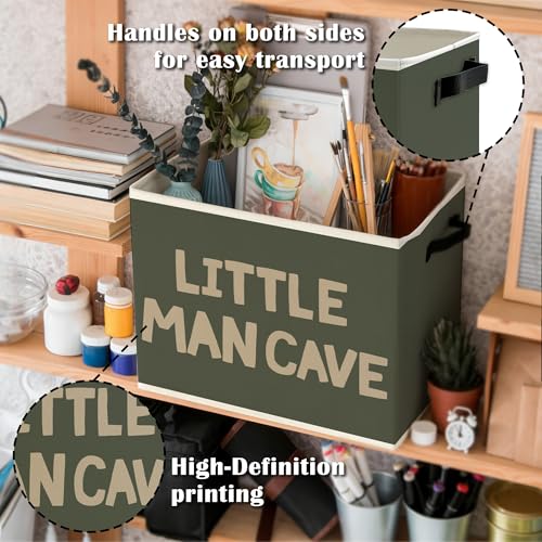 Image of Little Man Cave Boys Storage Bins Box with Handles, Olive Green Boho Collapsible Basket Organizer for Kids Boys Playroom Nursery Room Bedroom Bathroom Books Clothes