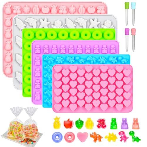 6er Set Silikon Gummibärchen Formen BPA-frei Silikonform mit 4 Tropfern Mini Backform Herz Donut Dino Bär Frucht Meer für Schokolade Gummibärchen Gelee Bonbons