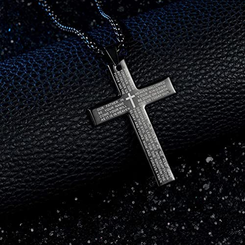 Rnivida Men's Black Cross Necklace With Lord's Prayer, Stainless Steel Cross Pendant Necklace With 24" Chain, Christian Jewelry Gift For Men #TOP3