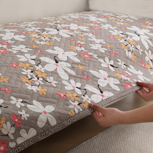 Image of HOKIPO Printed Quilted 1 Seater Sofa Cover Seat Mat, Pastel Brown Sandwort Flower (IN-806-D1*1)