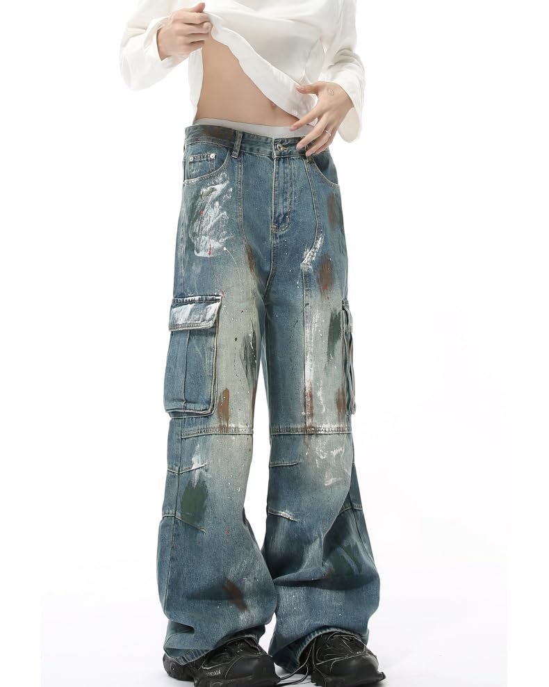 Men's Vintage Multi Pocket Tie Dye Jeans Loose Fit Y2K Skater Pants Streetwear3