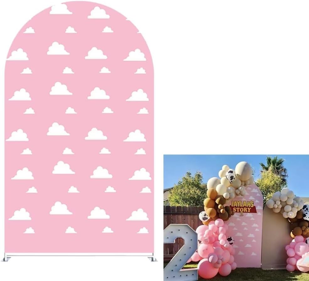 Pink Clouds Arch Backdrop Stand Spandex Fabric Covers for Parties 2-Sided Arched Wall Photography Cover for Pink Kids Birthday Party Baby Shower Banquets Decoration Props 31''by72''