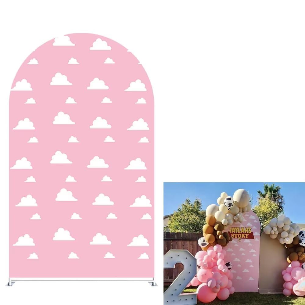 Pink Clouds Arch Backdrop Stand Spandex Fabric Covers for Parties 2-Sided Arched Wall Photography Cover for Pink Kids Birthday Party Baby Shower
