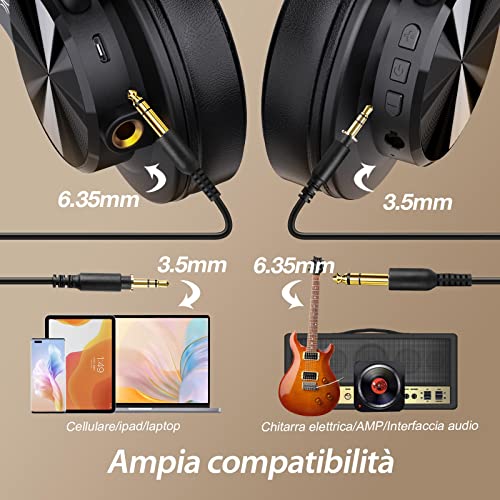 OneOdio A70 Cuffie Bluetooth Over Ear, Cuffie Cablate e Wireless Stereo con Microfono, 72 Ore di Riproduzione, CVC 8.0, Jack 3,5 mm e 6,35 mm, Pieghevole, Cuffie per DJ, Chitarra, Cellulare, PC, Nero - Image 4