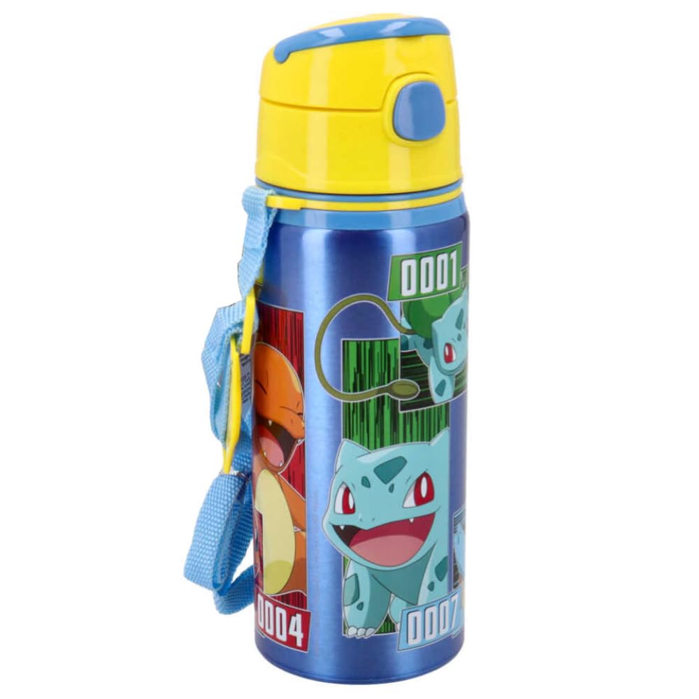 Botella de aluminio con pajita 600 ml botella con apertura automática para niños (Pokémon)