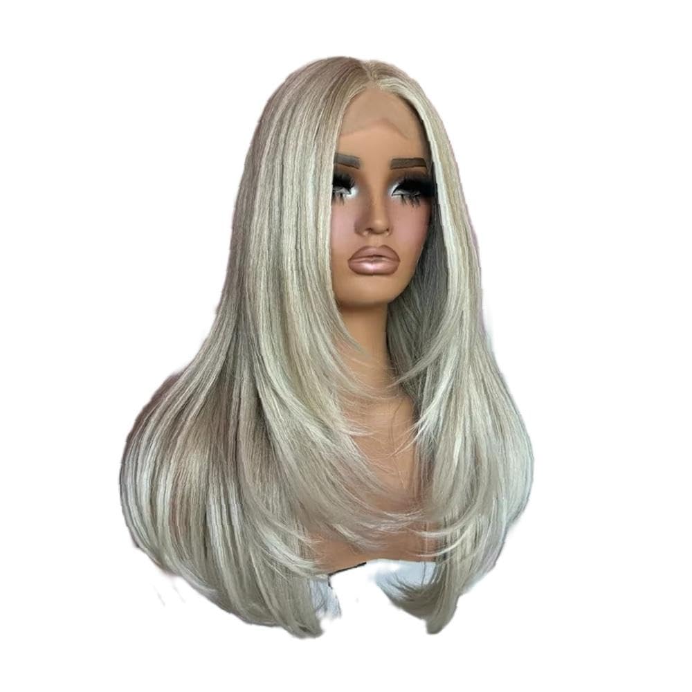 Haarpflege Cremige Aschblonde Balayage-Perücke HD Unsichtbare Spitzenfrontfaser Gerade Damenperücken 13 X 4 Klebefrei Leicht Zu Tragen