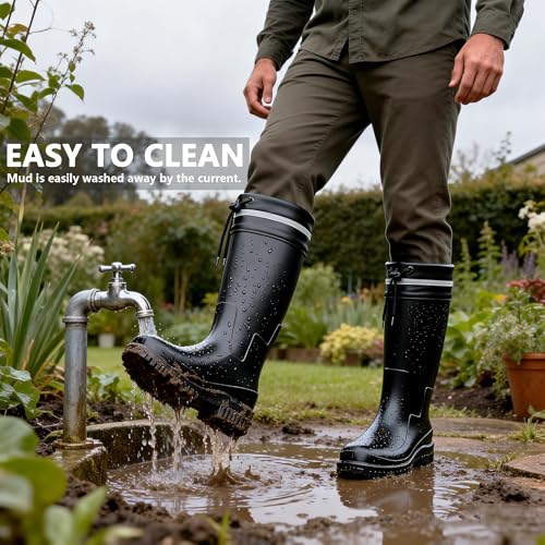 Image of Rain Boots for Men Knee High Waterproof Garden Boots Mens Rubber Shoes with PVC Comfort Lightweight Work Mud Boots Resistant Durable Slip for Gardening Fishing Farming