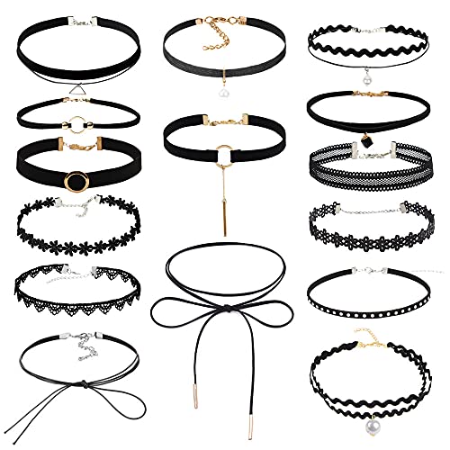 Trsnzul Choker Halsband Set 15 Stück Schlüsselbein Ketten Tattoo Choker Schwarz Choker Kette Classic Samt Velvet Tattoo Halskette für Frauen und Mädchen Cover