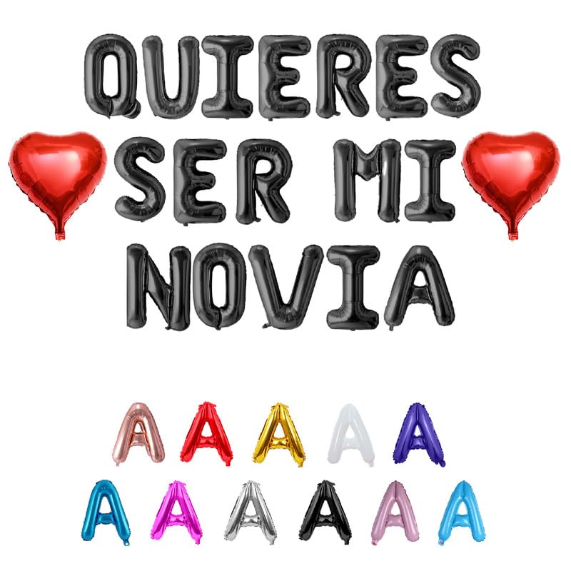 QUIERES SER MI NOVIA Balloons Banner with Two 18" Heart Balloons - Romantic Proposal Decorations for Prom/Date Night and Valentine’s Day - 16" Foil