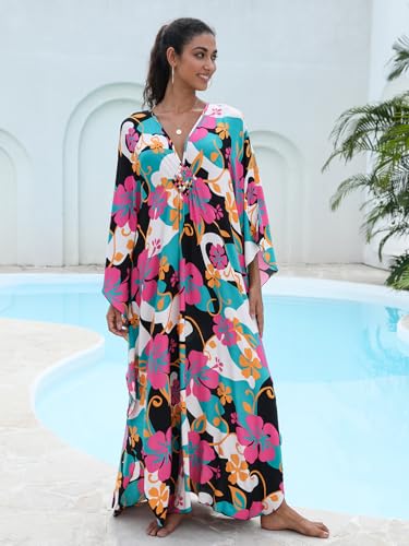 Image of IMAGEKOPE Women's Plus Size Animal Print V-Neck Batwing Kaftan Beach Dress Bathing Suit Cover-Up Loungewear