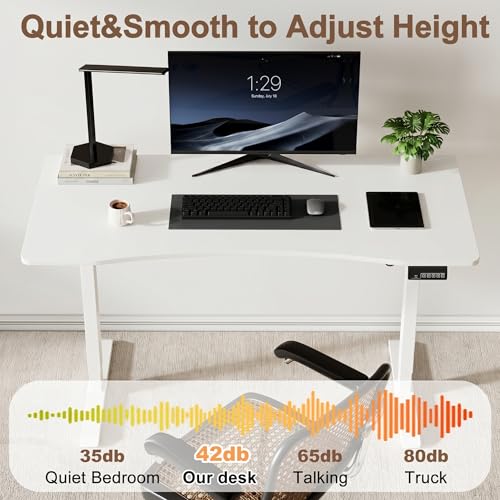Image of Solid Wood Electric Standing Desk 55 inchx23.6 inchHome Office Desk,Adjustable Workbench with 3 Stages Single Motor, Computer Workstation with T-Shaped Metal Bracket,White Standing Desk for Gaming(1 Box)