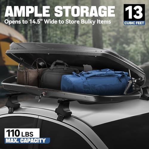 Image of Auto Dynasty Rooftop Cargo Box Hard Shell Carrier Waterproof Storage Case with Locks & Keys Fits Vehicles with Cross Bars, 13 Cubic Feet 110LBS Capacity, 72'' L x 30'' W x 12'' H, Textured Black