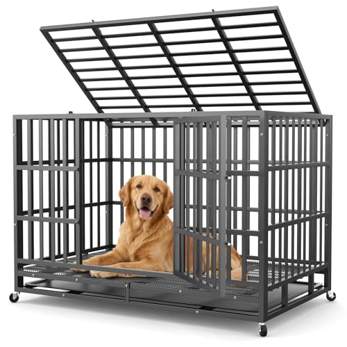 IronovaPets 48 Inch Heavy Duty Dog Crate, Indestructible Escape-Proof Dog Kennel for High Anxiety Large Dogs, Strong Carbon Steel Metal Cage with Double Doors, Lockable Wheels & Removable Tray - image 8