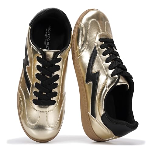 Project Cloud Sneakers for Women - Lace-Up Shoes for Women Trendy Women Sneakers with Memory Foam Insole Women's Fashion Sneakers Non-Slip Womens Shoes (Irita, BLKGD,8) Black Gold