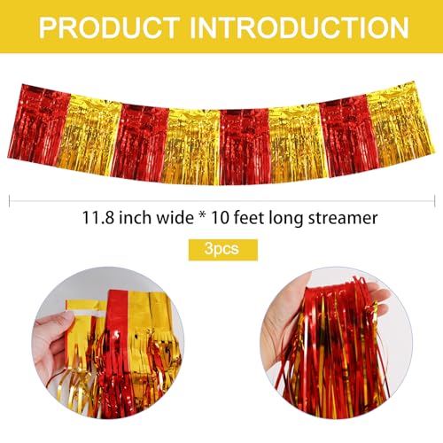 Image of BEISHIDA 3 Packs Metallic Foil Fringe Garland Red Gold Wall Hanging Tinsel Fringe Banners for Car Floats Bridal Shower Wedding Birthday Easter Graduation Holiday Party Decoration(30 Feet)