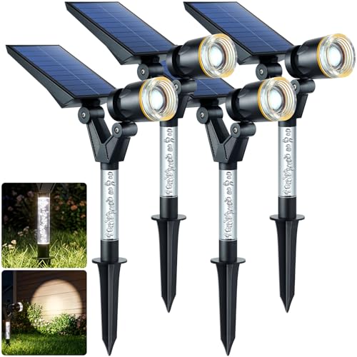 DenicMic Solar Spot Lights Outdoor Waterproof 6000K Cold White Lens LED Adjustable Angle Solar Lights Outdoor for Yard Garden Patio Wall Landscape Lighting Outside 4 Pack