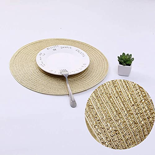 Image of SHACOS Glitter Gold Round Braided Placemats Set of 8 Sparkle Washable 15 inch Round Table Mats Woven Place Mats for Christmas Party Dining Table (Gold, 8)