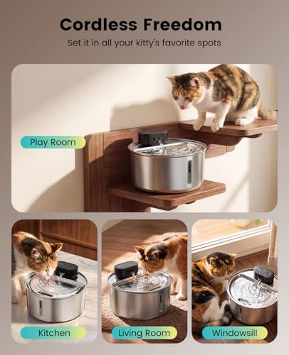 Image of oneisall 108oz /3.2L Wireless Stainless Steel Cat Water Fountain | True Cordless,Ultra Quiet,4000mAh Rechargeable Battery Operated,3 Flow Modes,Easy to Clean(3-Piece Design),5-Layer Filter
