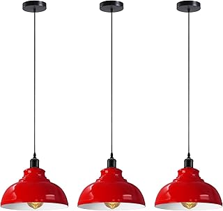 LEDSone Lámpara colgante de techo estilo retro vintage industrial con pantallas de cúpula curvada de color rojo, soporte E27 para Reino Unido (Roja, 3 Embalar)