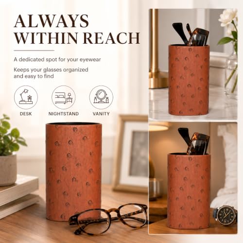 Image of Calabria Desktop Eye Glasses Holder Soft Lining Weighted Base Eyeglasses Stand Case Desks Nightstands PU Leather Mens Womens
