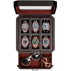 ROTHWELL 6 Slot Leather Watch Box with Valet Drawer - Luxury Watch Case Display Organizer, Microsuede Liner, Locking Mens Jewelry Watches Holder, Men's Storage Boxes Holder Large Glass Top (Black/Red)
