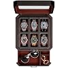 ROTHWELL 6 Slot Leather Watch Box with Valet Drawer - Luxury Watch Case Display Organizer, Microsuede Liner, Locking Mens Jewelry Watches Holder, Men's Storage Boxes Holder Large Glass Top (Black/Red)