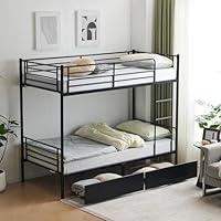 BOSTEU Black Twin Over Twin Bunk Bed for Adults Kids, Heavy Duty Bunk Bed with 2 Drawers Double High Sleeper Bed with Ladder ＆ Guard Rails
