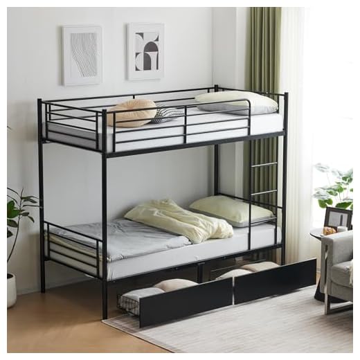 Black Twin Over Twin Bunk Bed for Adults Kids, Heavy Duty Bunk Bed with 2 Drawers Double High Sleeper Bed with Ladder ＆ Guard Rails