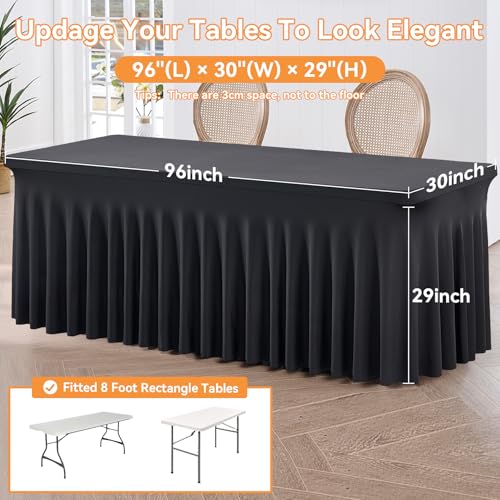Image of 6 Pack Black Fitted Spandex Table Cloth Rectangle 8ft, Wrinkle Free High-Stretch Skirted Tablecloths for 8 Foot Rectangle Tables, Decor Parties Weddings Birthday Banquet Spandex Table Cloths Cover