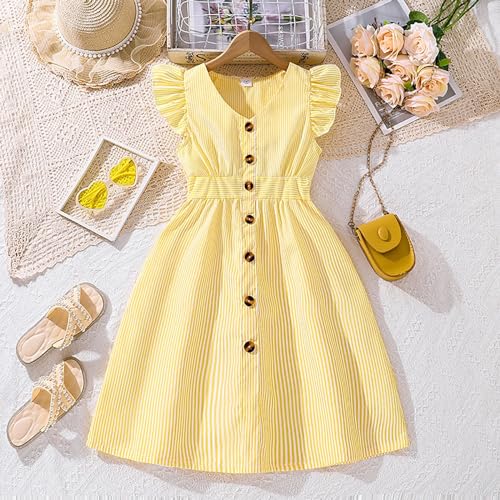 BILIKEYU Girls Striped Summer Dress Flutter Sleeve V Neck Buton Down High Waist A-line Swing Dresses for Kids 82