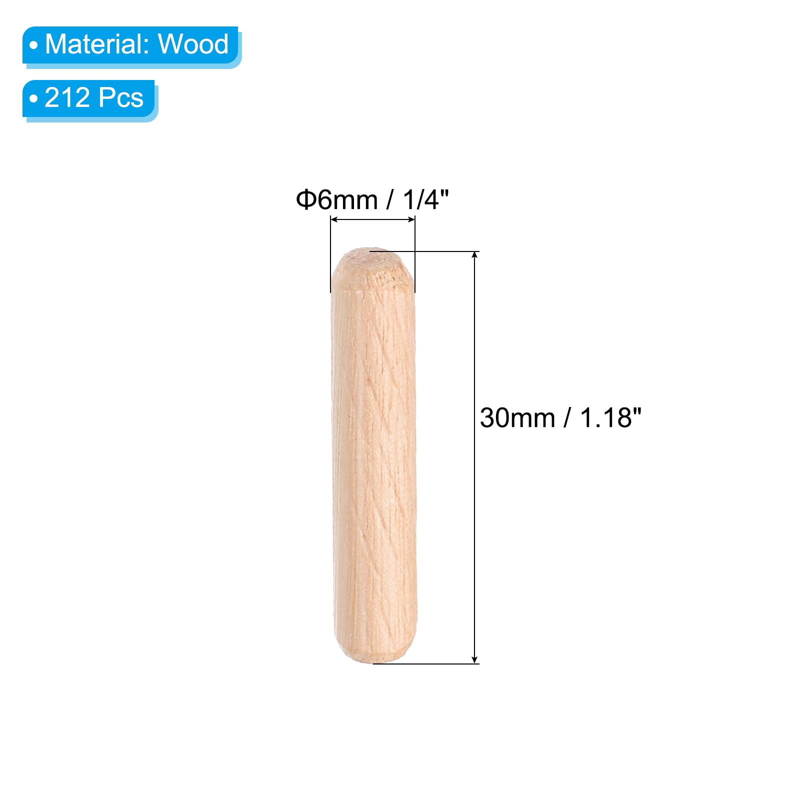 PATIKIL 1/4 Wooden Dowel Pins, 212 Pcs M6x30mm Wood Dowel Pins Hardwood Pegs Fluted Groove Easy Insertion for Crafts Furniture Door Art - Image 2